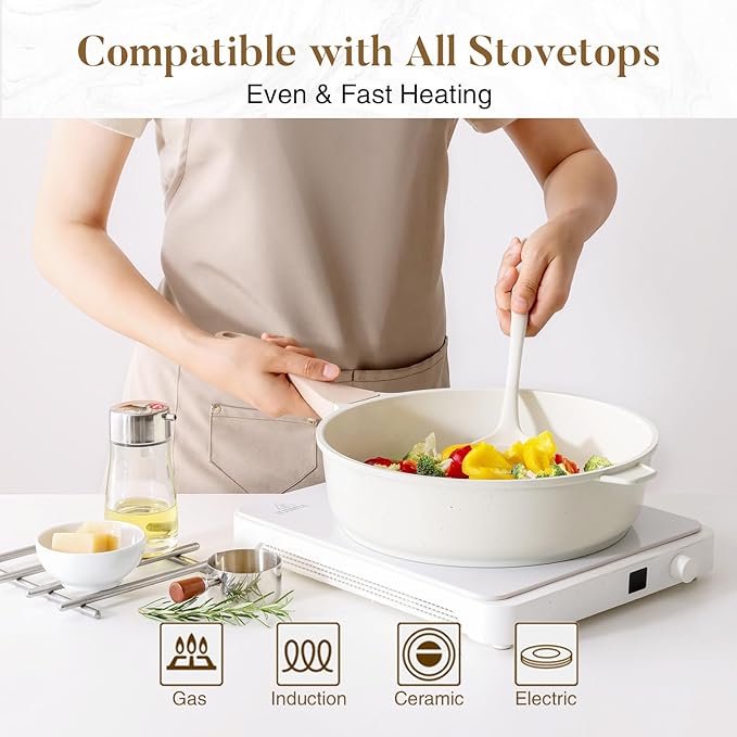 Kordisen Nonstick Ceramic Deep Frying Pan, 10 Inch Non Toxic Skillet with Lid, Healthy Jumbo Cooker, Saute Pan for Cooking, Induction Cookware, PFOA & PFAS Free (Cream)