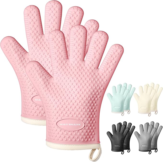 MAD SHARK Silicone Oven Mitts Heat Resistant 450 Degrees,Waterproof & Non-Slip Oven Gloves with Fingers,Cotton Lined Silicone Oven Gloves Kitchen Mitts for Baking Cooking Barbecue,Women (Pink)