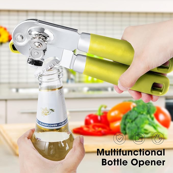 Beneno Heavy Duty Hand Can Opener Manual with Magnet, Durable Sharp Carbon Steel Blade Smooth Cutting, Big Effort-Saving Knob & Soft Grip Handle, Multifunctional Bottle Opener, Lime Green