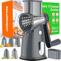 5 Blade Rotary Cheese Grater Hand Crank with Storage Box, Vegetable Chopper, Cheese Shredder for Cheeses, Veggies, Nuts - Easy to Use, Non-slip Suction Base, Gray