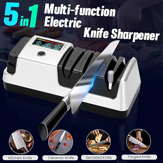 Upgrade 5 in 1 Electric Knife Sharpener with LCD Screen, 3 Rotational Speed Adjustable, 100% Diamond Abrasives, knife sharpener for Straight, Serrated, Meat Cleaver, Ceramic Knives & Scissors, Sliver