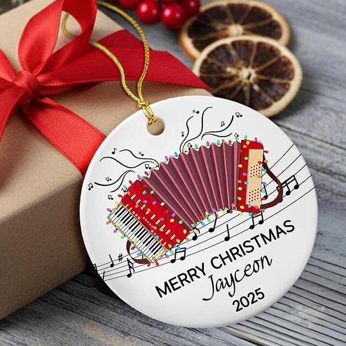 Unique Accordion Musical Ceramic Xmas Ornament 2025, Customized Year Text Name Accordionist Christmas Ornaments Gift for Accordion Player Friends Daughter Son Dad Mom,Personalized Accordions Ornament