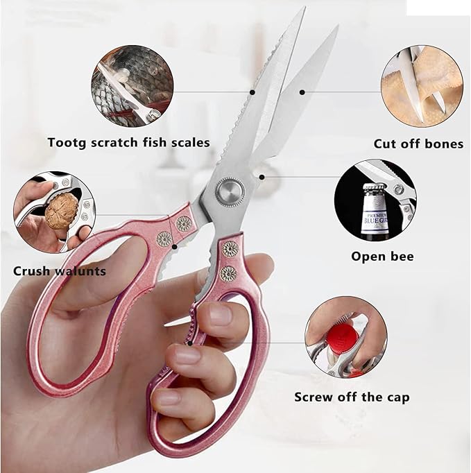 Kitchen Scissors, Heavy Duty Sharp Shears Dishwasher Safe, Rose Gold Cooking Accessories for Meat, Chicken, Fish, Poultry, Herb, Bread