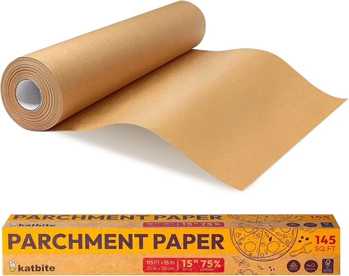 Katbite Parchment Paper Roll 15in x 115ft, Unbleached Pachment Baking Paper Roll 145 Sq.Ft, Non-Stick and Extra Longer Parchment Paper with Portable Serrated Cutter for Baking,Cooking,Space-saving