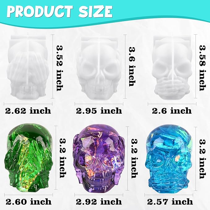 Actvty Skull Resin Molds, 3 Pieces Hear-no, Speak-no, See-no Evil Skull Silicone Molds for Resin Casting, 3D Skull Epoxy Molds for DIY Resin Crafts, Halloween Home Decor, translucent