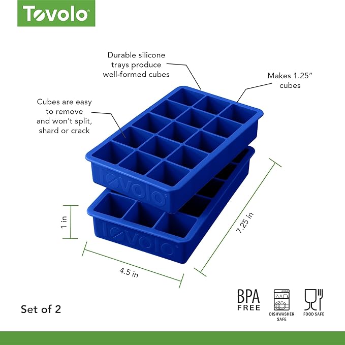 Tovolo Perfect Ice Mold Freezer Tray of 1.25-Inch Cubes for Whiskey, Bourbon, Spirits & Liquor, BPA-Free Silicone, Fade Resistant, Set of 2, Stratus Blue