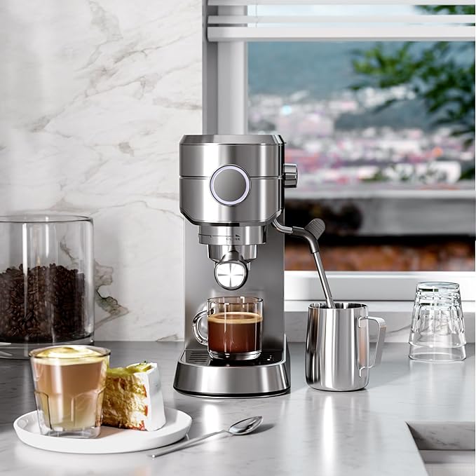 Kismile Espresso Machine, 20 Bar Espresso Maker with Milk Frother Steam Wand & 40oz Removable Water Tank, Compact Cappuccino & Latte Machine for Home, Stainless Steel