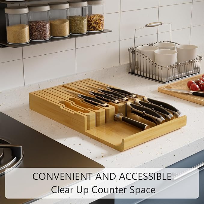 Domax Bamboo In-drawer Knife Block - Knife Drawer Organizer Insert Large Handle Steak Knife Holder, Kitchen Drawer Knife Organizer Fits for 12 knives and 1 Sharpening Steel (Not Included)