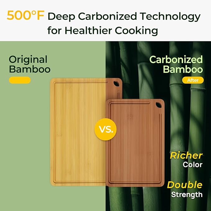 Butcher Block 2-Pcs Carbonized Bamboo Cutting Board Set With Juice Groove For Meal Prep & Cheese Serving - Ideal Kitchen Gift Set of 2 (M+L)