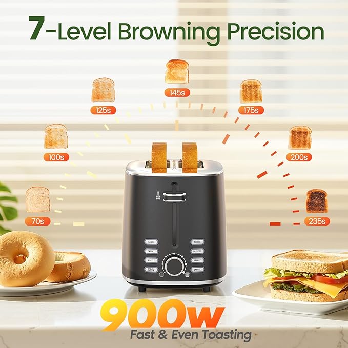 Topzee Toaster 2 Slice, Wide Slot for Toasting Bagel Muffin Waffle Gluten Free Breads, 7 Shade Settings, Defrost & Reheat, Stainless Steel, Easy Clean, Black