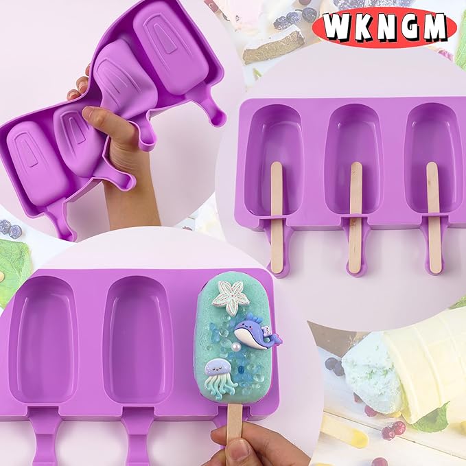 3pcs Large Silicone Popsicle Molds with Lids,4 Cavities Cake Pop Molds,Oval Ice Cream Bar Mold Ice Pop Cakesicle Molds Silicone with 100 Wooden Sticks & 100 Bags &100 Twist Ties(Purple)