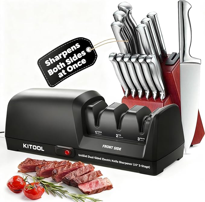 Electric Knife Sharpener, 3-Stage with 100% Diamond Abrasives, Dual-Sided Fast Sharpening, Low Noise & Auto Temperature Control, for Kitchen Straight, Serrated & Ceramic Knives