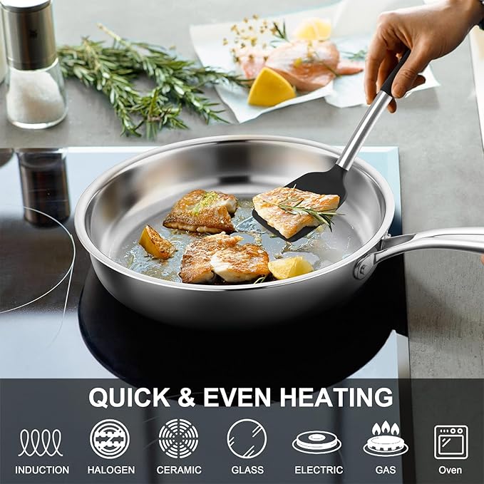 P&P CHEF 8 & 10 Inch Stainless Steel Frying Pan, 3-Ply Stainless Steel Pan Skillet, Induction Stir-fry Pan, Oven & All Stoves Safe, Heavy Duty & Even Heat, Dishwasher Safe, Silver, (2 Pieces)