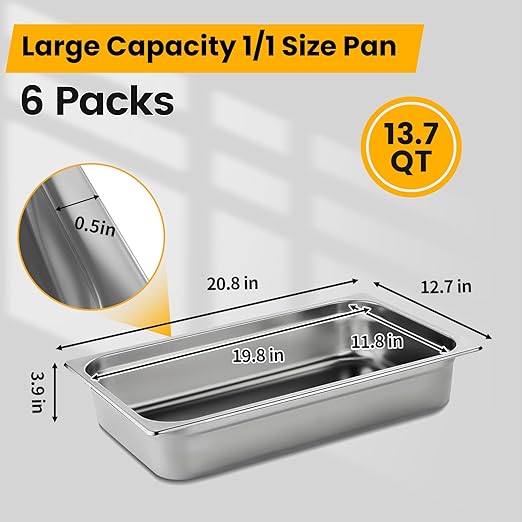 Full Size Hotel Pans 4 Inch Deep Stainless Steel Food Pan - Anti-Jam 6 Pack Steam Table Pan Set for Catering, Buffet Use, Kitchen Prep
