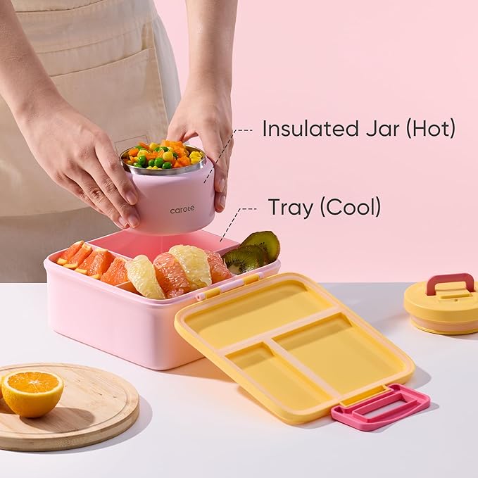 CAROTE Bento Box for Kids, Lunch Box Kids with 8oz Thermos for Hot Food, Lunch Container for Girls Boys, 3 or 5 Compartments with 2 Removable Dividers, BPA Free/Leak Proof/Dishwasher Safe