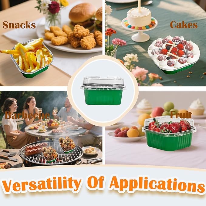 50 Pcs Mini Square Baking Cups with Lids,5oz Aluminum Foil Mini Cake Pans with Lids,Disposable Ramekins Cake Pans,150ml Dessert Cups Cupcake Pans for Wedding Birthday Party,Dark Green