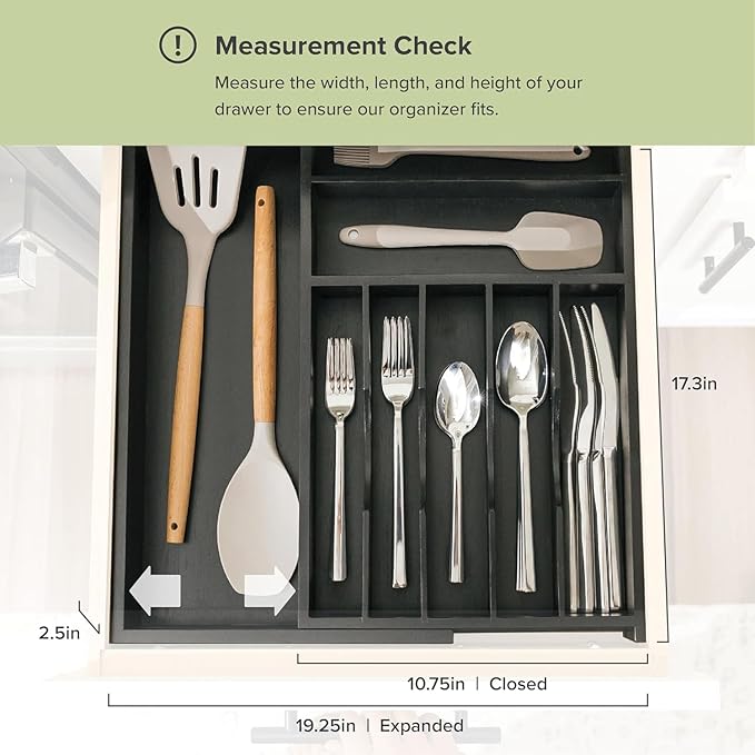 KitchenEdge Premium Silverware, Flatware and Utensil Organizer for Kitchen Drawers, Food-Safe Contract Grade, Expandable from 10.5 to 19 In, Black Bamboo