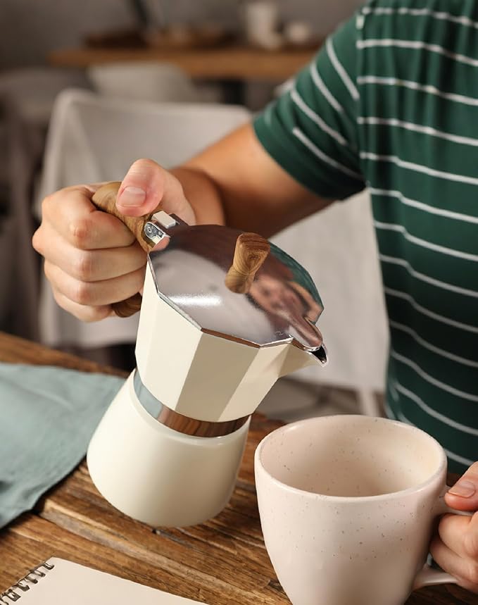 AGOGO Milano Moka Pot, Stovetop Espresso Maker, Greca, Coffee Percolator, Turkish Coffee Maker with Paper Filter, 6 Cup, Cream Color