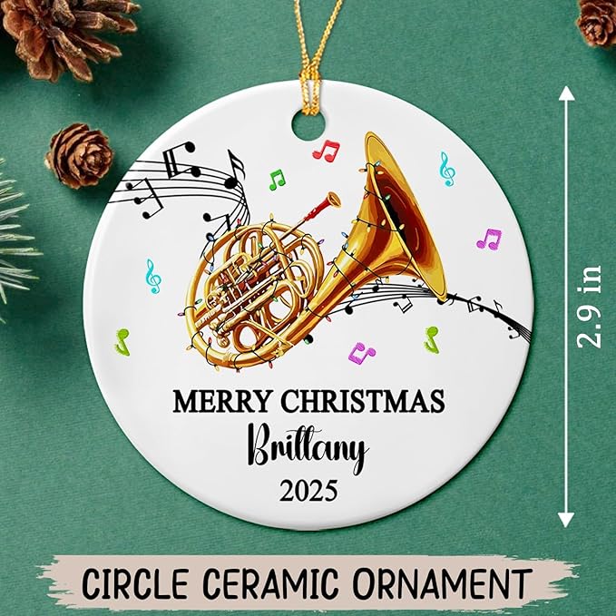Custom Text Year Name French Horn Player Ceramic Ornament, Personalized French Horn Instrument Xmas Ornaments Gift for Daughter Son Brother Sister, Unique Musical Instrument Lover Christmas Ornament