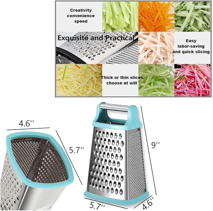 Stainless Steel 4 Sides Grater Slicer with Handle, Multifunctional Cutter Planing for Ginger, Garlic, Cucumbers, Carrots, Cheese, Potato, Ergonomic Design Kitchen Gadgets Accessories（Mint）