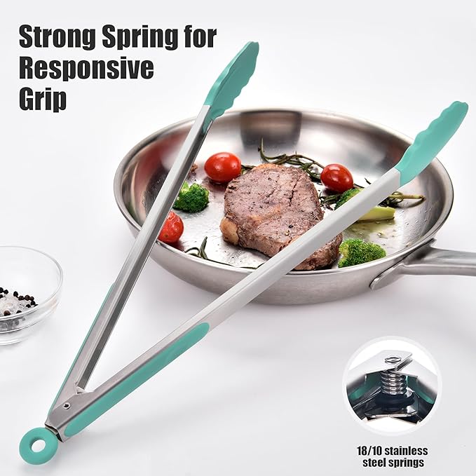 Doosu Kitchen Tongs for Cooking - 600°F Heat Resistant Food Tong with Non-Scratch Silicone Tips, Heavy Duty Stainless Steel Locking Tong for BBQ, Grilling Steak, Serving Salad, Pasta (16in, Aqua Sky)