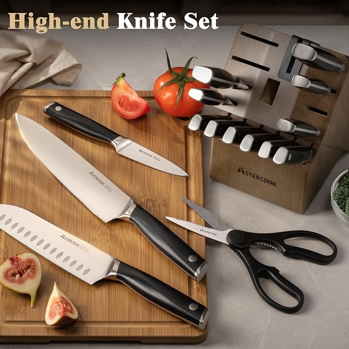 Astercook Knife Set, Kitchen Knives Set with Block and Sharpener Full Tang 17 Pcs German Stainless Steel Knives Sharp Blade Dishwasher Safe Premium Knife Set with Anti-slip Ergonomic Handle, Black