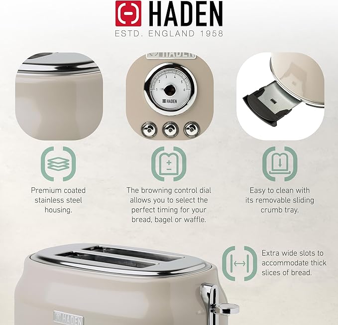 Haden Dorset 2 Slice Wide Slot Stainless Steel Toaster with Adjustable Browning Control & Non-Slip Feet, Putty & Chrome