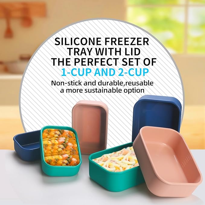 2 Cup and 1 Cup Silicone Freezer Trays with Lid 6 Pack Silicone Freezer Molds soup freezer containers Make 6 Perfect Soups, Broths, Stews, Sauces, Curries (Multicolor 6 Pack)