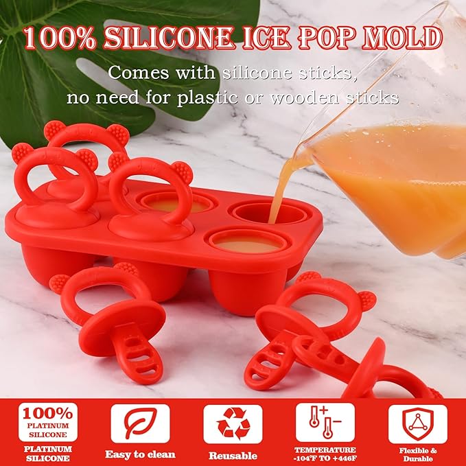Sakolla Baby Popsicle Molds Mini 6-Cavity Silicone Ice Pop Mold with Sticks Breastmilk Popsicle Molds for Teething Relief Toddler Popsicle Mold for Ice Cream Frozen Yogurt and Fruit Juice (Red)
