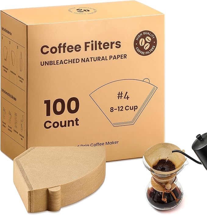 AOZITA #4 Cone Coffee Filters 8-12 Cup, 100 Count Unbleached Natural Coffee Paper Filters, No Blowout, Disposable Coffee Filter for Pour Over and Drip Coffee Maker