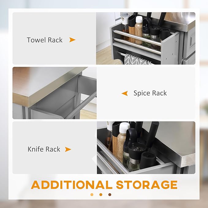 HOMCOM Rolling Kitchen Island Cart with Wheels, Portable Island Table for Kitchen with Stainless Steel Top, Adjustable Shelves, 2 Drawers, Spice, Knife and Towel Rack, Gray