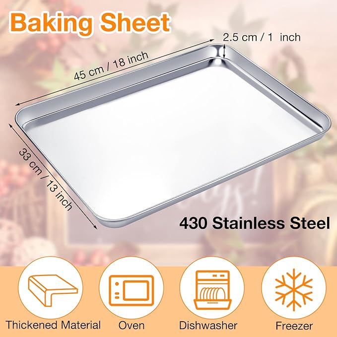 Mimorou 6 Pcs Baking Sheet Set Stainless Steel Cookie Sheet Cookie Baking Pan Bakeware Oven Tray Dishwasher Safe Commercial Grade Pans(18x13x1 Inch)