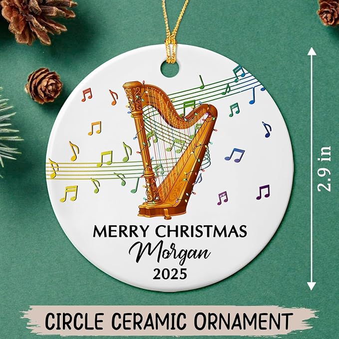 Customized Year Text Name Harp Player Christmas Ornament, Unique Harp Instrument Ornaments Gift for Women Men Harpist Appreciation Birthday, Personalized Harp Musical Ceramic Christmas Ornament 2025