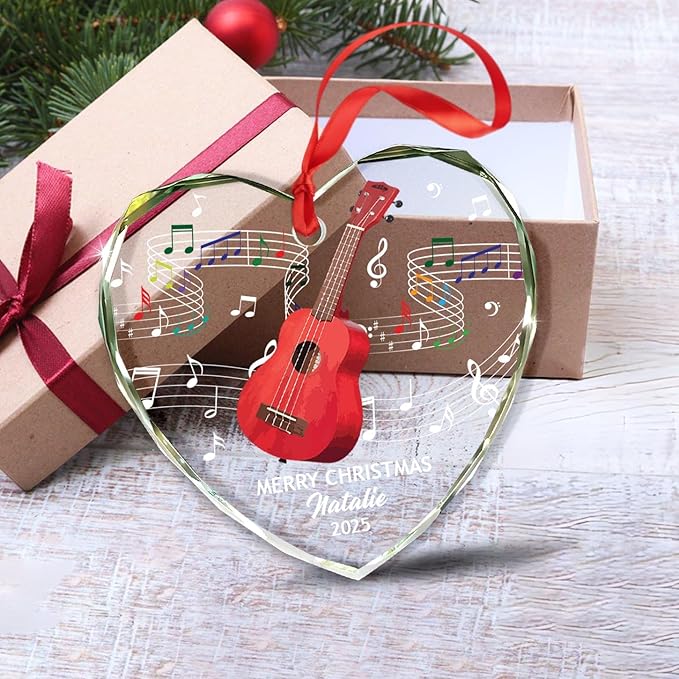 Personalized Ukulele Instrument Glass Christmas Ornament, Customized Text Year Name Keepsake Xmas Ornaments Gift for Ukulele Player/Lover, Ukuleles Musical Instrument Glass Ornament for Appreciation
