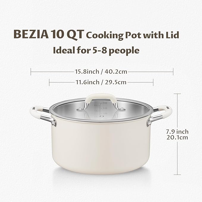 10 Quart Tri-Ply Stainless Steel Stock Pots with Lid, BEZIA Induction Soup Pot with Lid, Large Kitchen Cooking Pots with Silicone Handle, Compatible with All Cooktops, Free of PTFE/PFOA/PFOS
