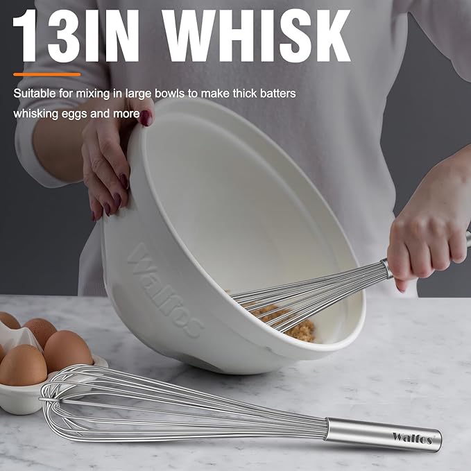 Walfos Whisks Large Whisk Set of 2, Heavy Duty Stainless Steel Wire Whisk Ideal For Beating Eggs, Mixing Batter & Blending Sauces.（13in+17in)