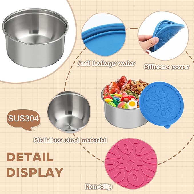 Cmonie 3Pack Stainless Steel Containers with Lids,10/20/33 oz Easy Open Leak Proof Metal Snack Containers,Food Storage Bento Box for Snacks, Fruits (3Pcs-10 oz)