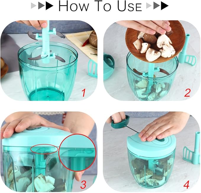 Ourokhome Manual Food Processor Vegetable Chopper, Portable Hand Pull String Garlic Mincer Onion Cutter for Veggies, Ginger, Fruits, etc., 900ml, Teal