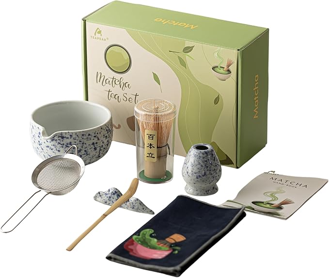 Matcha Whisk Set, 7 PCS Matcha Kit with Matcha Bowl with Spout, Bamboo Matcha Whisk and Scoop, Matcha Accessories & Sifter – Complete Matcha Set for Tea Lovers, Matcha Gift Set (Blue)