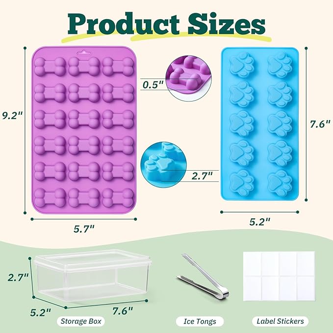 4 Pack Silicone Dog Treat Molds with Container and Ice Tong, Non-stick Puppy Paw and Bone Shaped Set with Bin, Silicone Mold for Pupsicle, Chocolate, Gummy, Candy, Baking, Jelly, Ice Cube, Pudding