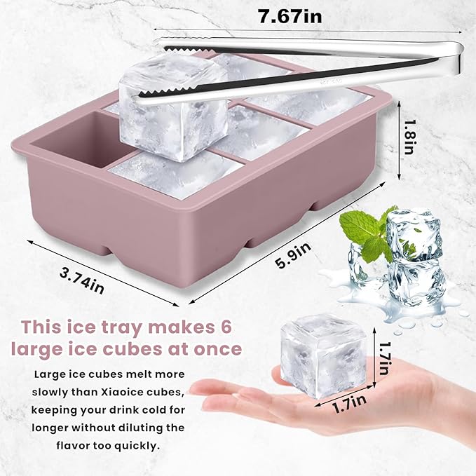 Large Silicone Ice Cube Trays with Lid, 6 Big Ice Cubes per Tray, Include 19.5cm/7.7in Ice Tongs - Perfect for Freezer, Whiskey, Cocktails