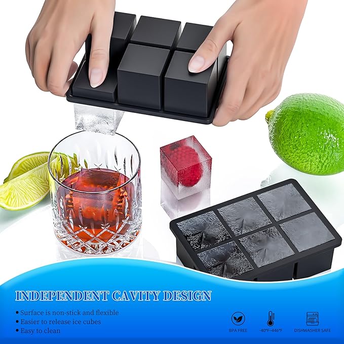 Large Ice Cube Tray for Whiskey, HANCELANT Big Silicone Square Ice Cube Mold with Removable Lid, 2'' Huge Square Ice Cubed Tray for Whisky and Cocktail