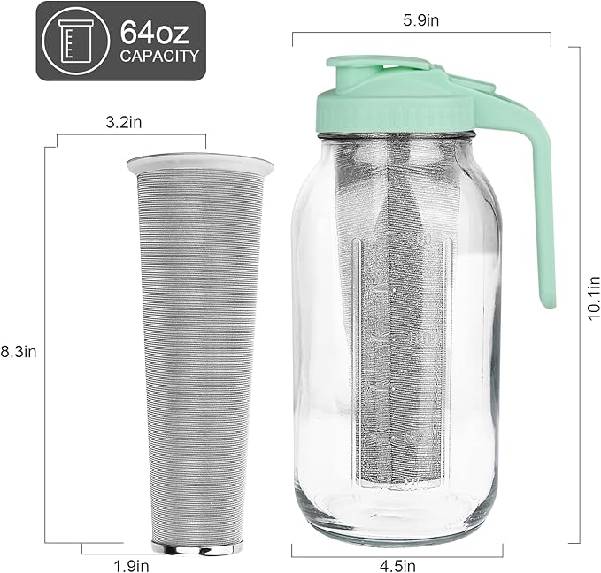 Cold Brew Coffee Maker，64 oz Wide Mouth Mason Jar Pitcher with Stainless Steel Filter, Pour Spout Handle Lid, Heavy Duty Glass Airtight & Leak-Proof Pitcher for iced coffee & Tea Lemonade-Green