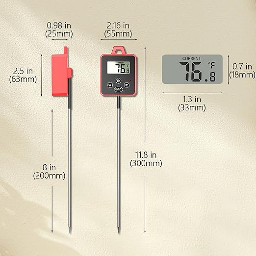 Digital Candy Thermometer with Pot Clip, Backlight LCD, 8" Long Probe, Temperature Alarm, ℃/℉ Switch, Instant Read Kitchen Thermometer for Cooking, Baking, and Candy Making