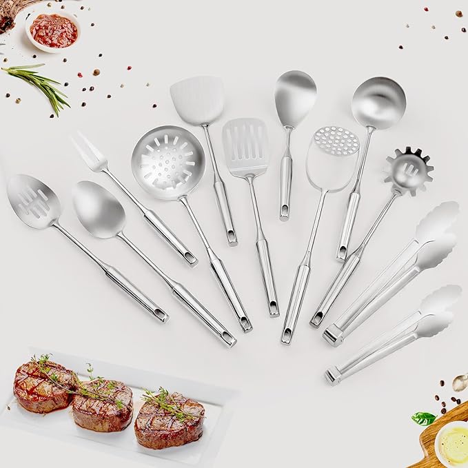 304 Stainless Steel Kitchen Utensils Set, 12 Pcs Long Metal Utensils Set with Potato Masher, Spoon, Ladle, Skimmer, Turner, Pasta Server, Tongs etc(Dishwasher Safe)