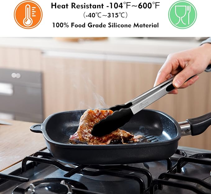 HOTEC Premium Stainless Steel Locking Kitchen Tongs with Silicon Tips, Set of 2-9" and 12"