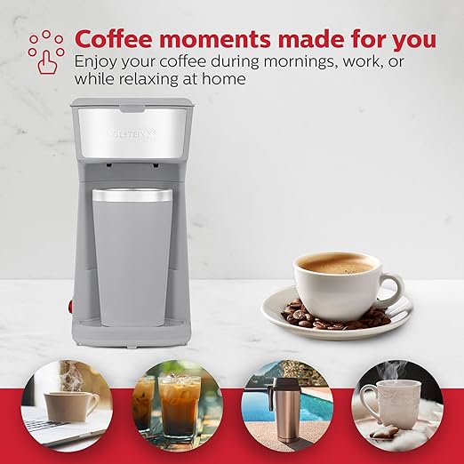 Holstein Housewares Personal Coffee Maker with 14oz Travel Mug – Compact One-Touch Brew Machine with Reusable Filter, Auto Shut-Off, Non-Stick Plate, Ideal for Home, Office, or Dorm. Grey