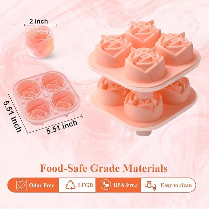 Whiskey Ice Cubes Mold,Rose Gift Ball Ice Maker Mold,8 Ice,Fun Shapes 2in,Silicone Ice Cube Tray for Birthday Christmas Party,Fun Accessories for Gift,Rose Ice Cube Mold for Cocktails,Bourbon