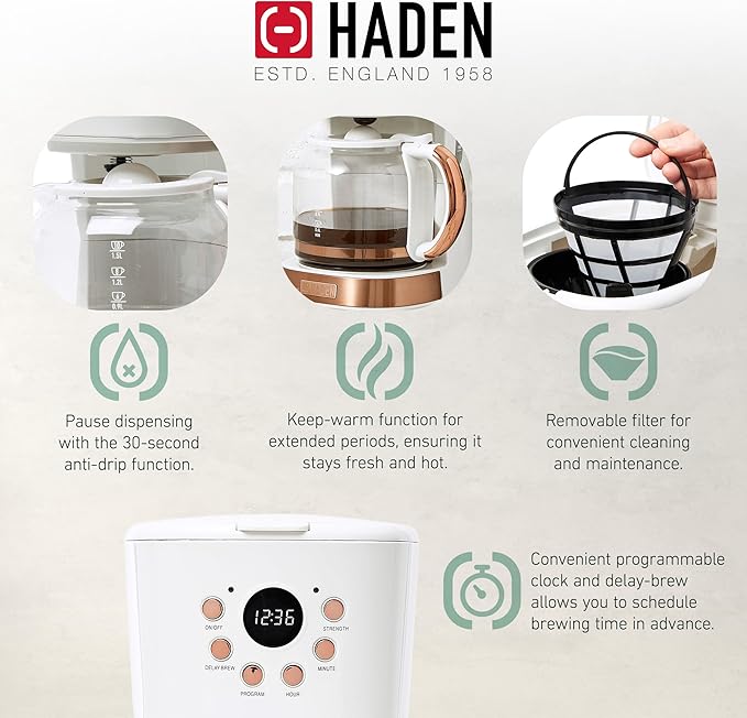 Haden Coffee Machine, 12 Cup Programmable Drip Coffee Maker with Auto Shut-Off Function and Reusable Washable Water Filter, Ivory & Copper