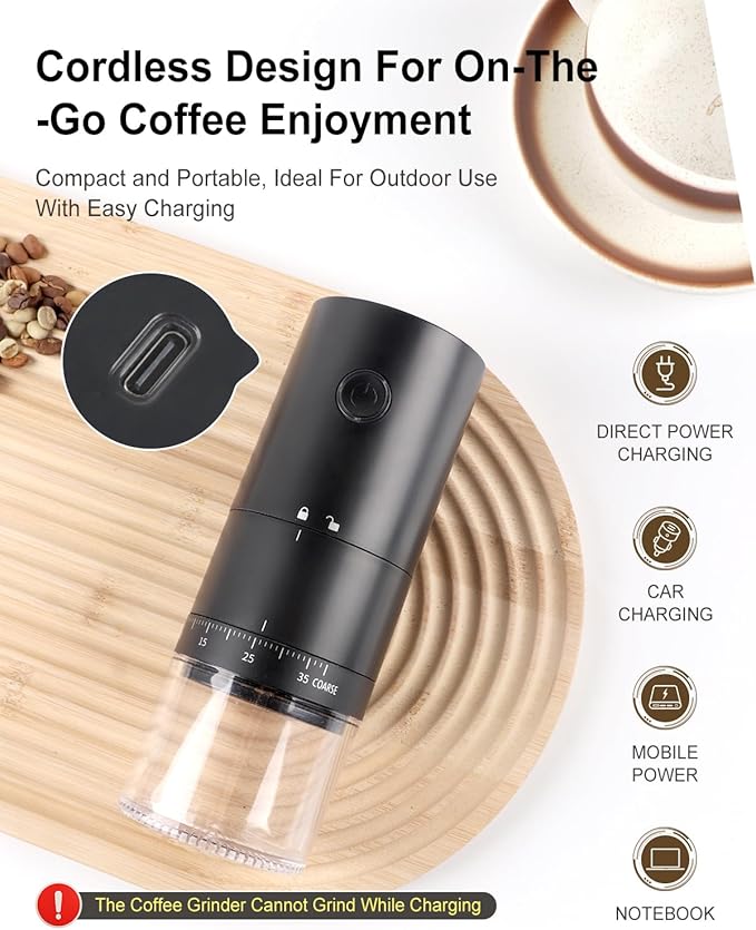 Lamido Portable Electric Coffee Grinder with Ceramic Conical Burr - 38 Adjustable Grind Settings -1500 mAh Battery Rechargeable - Auto-Stop - Washable for Espresso, Pour Over - Travel, Camping (Black)